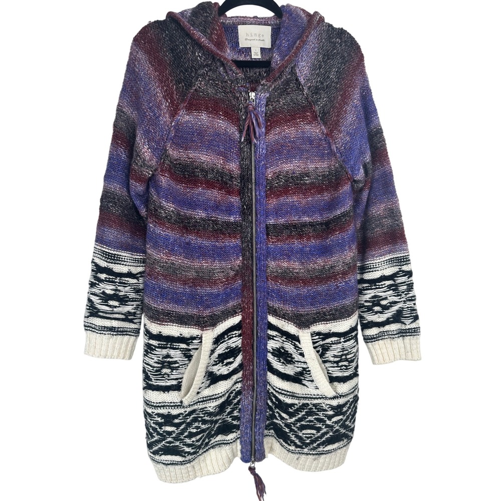 Hinge Longline Hooded Cardigan Sweater Purple Fair Isle Wool Blend L Indy Earthy